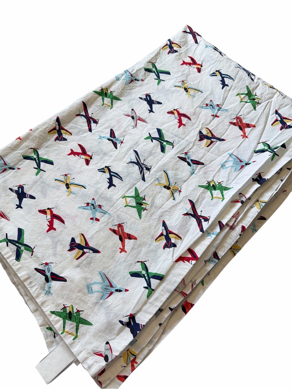 Pottery Barns Kids Airplane Print Bedding in White with Red, Green, Blue, Yellow